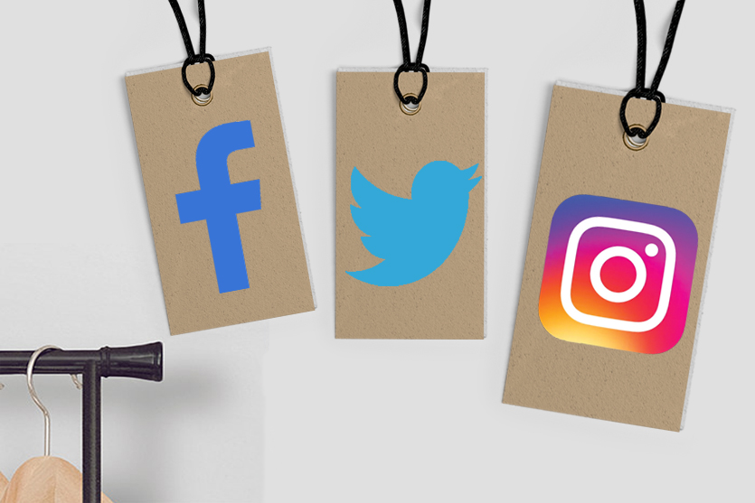 Logotipos de Facebook, Twitter, e Instagram en etiquetas de precios